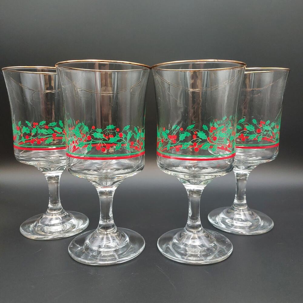 Vintage Libbey Arbys Christmas Holly Berry Wine Goblets Glasses Gold Rim Set - 4